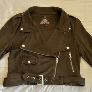 Olive green jacket with zippers only one small pocket Used, minor stains.